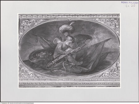 Vorderseite von Sopr. BAS ROMA [https://www.deutsche-digitale-bibliothek.de/content/lizenzen/rv-ez/] Dekoration mit Trophäen - Sopraporte: Putto mit Flaggen, Turban, Köcher, Schild, bh534002_recto. Foto.