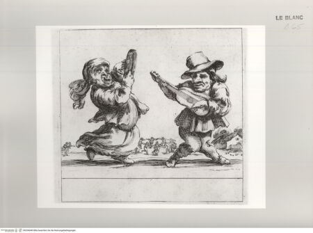 Vorderseite von Istituto Nazionale per la Grafica [http://creativecommons.org/publicdomain/mark/1.0/] Facetieuses Inventions d'Amour et de Guerre Pour le divertissement des beaux EspritsEin alter Zwerg spielt Gitarre, und eine Zwergin mit Tamburin tanzt dazu - , bh534048. Foto.