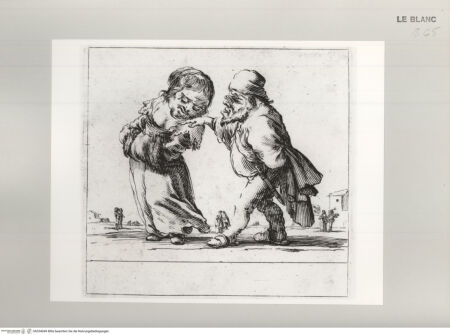 Vorderseite von Istituto Nazionale per la Grafica [http://creativecommons.org/publicdomain/mark/1.0/] Facetieuses Inventions d'Amour et de Guerre Pour le divertissement des beaux EspritsEin alter Zwerg mit Brille berührt die Brust einer jungen Zwergin - , bh534049. Foto.