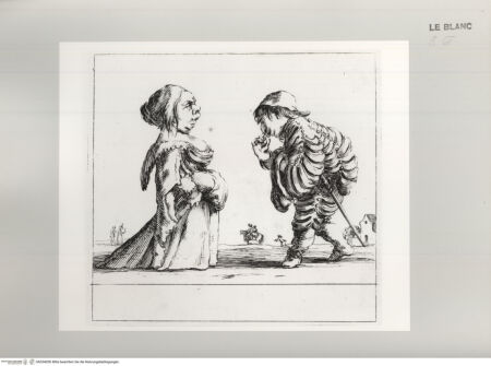 Vorderseite von Istituto Nazionale per la Grafica [http://creativecommons.org/publicdomain/mark/1.0/] Facetieuses Inventions d'Amour et de Guerre Pour le divertissement des beaux EspritsEin Zwerg scheint einer alten Zwergin eine Liebeserklärung zu machen - , bh534050. Foto.