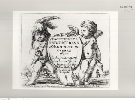 Vorderseite von Istituto Nazionale per la Grafica [http://creativecommons.org/publicdomain/mark/1.0/] Facetieuses Inventions d'Amour et de Guerre Pour le divertissement des beaux EspritsTitelblatt mit Amor und der allegorischen Figur des Krieges - , bh534052. Foto.