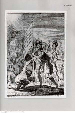 Vorderseite von Istituto Nazionale per la Grafica [http://creativecommons.org/publicdomain/mark/1.0/] Eroberer hissen eine Fahne auf dem Land von Eingeborenen - , bh534128. Foto.