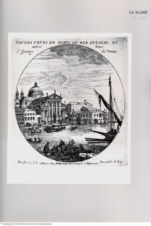 Vorderseite von Istituto Nazionale per la Grafica [http://creativecommons.org/publicdomain/mark/1.0/] Divers veues de ports de mer d'Italie et autres lieus.Titelblatt "S. George de Venize" - , bh534286. Foto.