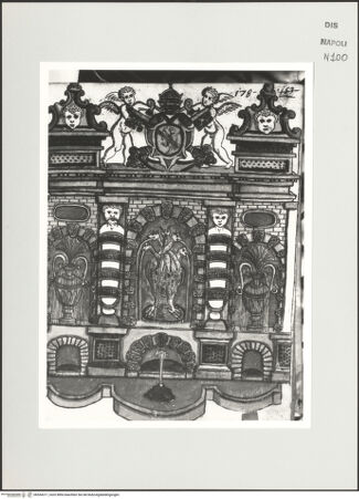 Vorderseite von Bibliotheca Hertziana [http://creativecommons.org/publicdomain/mark/1.0/] Scritti e disegniWandbrunnen mit Hydra und Wappen Sixtus V. - , bh534317_recto. Foto: D'Onofrio, Cesare.