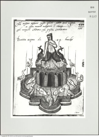 Vorderseite von Bibliotheca Hertziana [http://creativecommons.org/publicdomain/mark/1.0/] Scritti e disegniBrunnen mit Nixe sowie mechanischen Vögeln und Fischen - , bh534318_recto. Foto: D'Onofrio, Cesare.