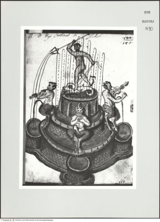 Vorderseite von Bibliotheca Hertziana [http://creativecommons.org/publicdomain/mark/1.0/] Scritti e disegniBrunnen mit musizierenden Faunen und Neptun auf einem Delphin - , bh534322_recto. Foto: D'Onofrio, Cesare.