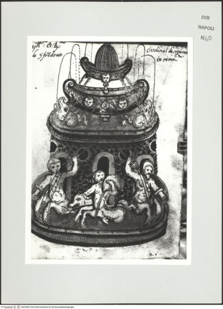 Vorderseite von Bibliotheca Hertziana [http://creativecommons.org/publicdomain/mark/1.0/] Scritti e disegniBrunnen mit Meerkentauren, zwei bewaffnet, einer mit Weinschlauch - , bh534369_recto. Foto: D'Onofrio, Cesare.