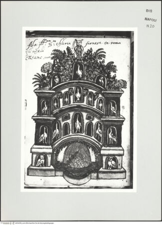 Vorderseite von Bibliotheca Hertziana [http://creativecommons.org/publicdomain/mark/1.0/] Scritti e disegniWandbrunnen mit mechanischen Vögeln - , bh534390_recto. Foto: D'Onofrio, Cesare.