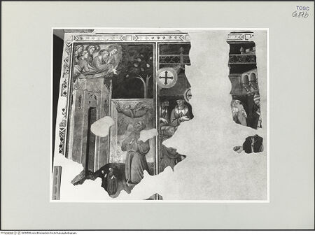 Vorderseite von Foto Marburg [https://www.deutsche-digitale-bibliothek.de/content/lizenzen/rv-ez/] Christus und Maria erscheinen dem heiligen Franziskus nach dem Rosenwunder; Genehmigung der Regel - Gesamtansicht, bh534500_recto. Foto: Haag, Paul.