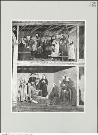 Vorderseite von Foto Marburg [https://www.deutsche-digitale-bibliothek.de/content/lizenzen/rv-ez/] Heimsuchung; der heilige Antonius von Padua und Szenen aus seinem LebenSzenen aus dem Leben des heiligen Antonius: Der heilige Antonius entdeckt das Herz eines Geizigen in der Goldtruhe; die Heilung des Jünglings, der ihm das Bein abschnitt - Gesamtansicht, bh534510_recto. Foto: Haag, Paul.