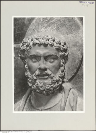 Vorderseite von Vasari [https://www.deutsche-digitale-bibliothek.de/content/lizenzen/rv-ez/] Grabmal des Kardinals Louis d'Albret (auch: Ludovico de Lebretto, +1465)Rückwand: Halbfiguren der Apostel Petrus und Paulus - Detail, Petrus, Kopf, bh534597_recto. Foto.