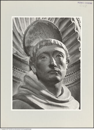 Vorderseite von Vasari [https://www.deutsche-digitale-bibliothek.de/content/lizenzen/rv-ez/] Grabmal des Kardinals Louis d'Albret (auch: Ludovico de Lebretto, +1465)Rechtes Pilasterpostament: Heiliger Franziskus - Detail, Kopf, bh534599_recto. Foto.