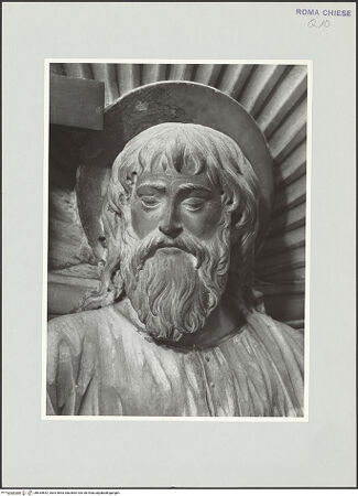 Vorderseite von Vasari [https://rightsstatements.org/page/CNE/1.0/] TabernakelpendantsTabernakel für das TaufwasserRechte Nischenfigur: heiliger Andreas (von der Rückseite des ehemaligen Hochaltars) - Detail, Kopf, bh534642_recto. Foto.