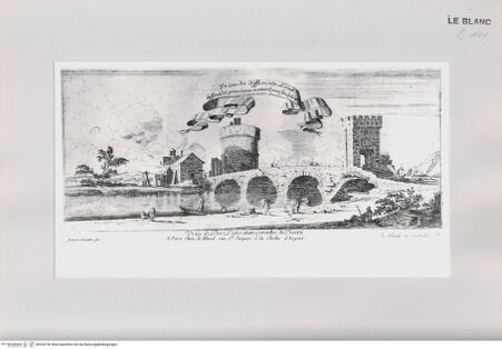 Vorderseite von Istituto Nazionale per la Grafica [http://creativecommons.org/publicdomain/mark/1.0/] Veues de differents Lieux dessinées et gravées au naturel par Isr. SylvestreTafel 1: Titelblatt: Veue du Pont Lamentano proche de Tivoli - , bh534736. Foto.