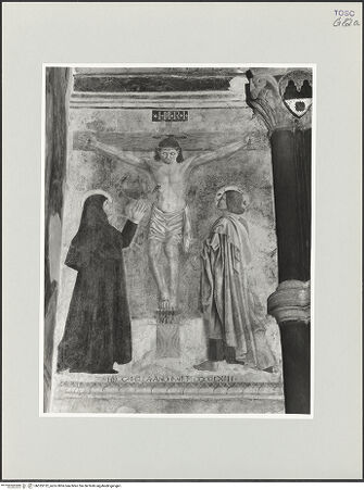 Vorderseite von Foto Marburg [https://www.deutsche-digitale-bibliothek.de/content/lizenzen/rv-ez/] Schutzmantelmadonna zwischen dem Heiligen Bernardino und einem anderen unbekannten Heiligen; Szenen aus dem Leben des heiligen Bernardin, und weitere SzenenKreuzigung mit Maria und Johannes dem Evangelisten - Gesamtansicht, bh535132_recto. Foto: Gloc, Jan.