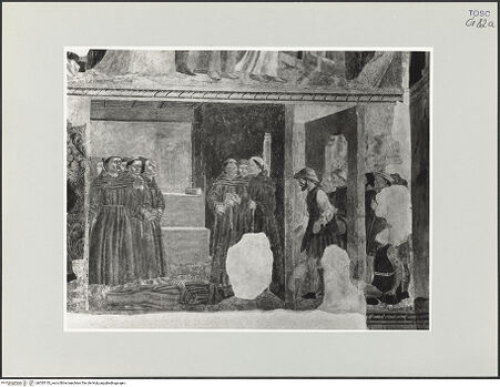 Vorderseite von Foto Marburg [https://www.deutsche-digitale-bibliothek.de/content/lizenzen/rv-ez/] Schutzmantelmadonna zwischen dem Heiligen Bernardino und einem anderen unbekannten Heiligen; Szenen aus dem Leben des heiligen Bernardin, und weitere SzenenWunder nach dem Tod des heiligen Bernardin - Gesamtansicht, bh535133_recto. Foto: Gloc, Jan.