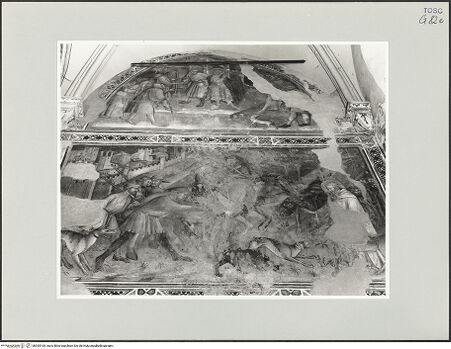 Vorderseite von Foto Marburg [https://www.deutsche-digitale-bibliothek.de/content/lizenzen/rv-ez/] Szenen aus dem Leben des heiligen Ägidius und aus der Legende des Erzengels Michael; Propheten und HeiligenDrei Szenen aus der Legende des heiligen Ägidius - Teilansicht (Saint Giles verteilt seine Habseligkeiten an die Armen; Der heilige Ägidius und die Jagd des Gotenkönig Wamba), bh535165_recto. Foto: Gloc, Jan.