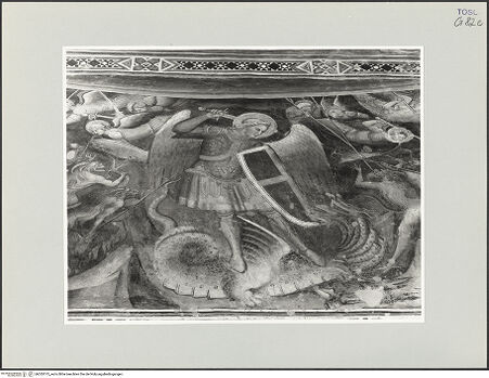 Vorderseite von Foto Marburg [https://www.deutsche-digitale-bibliothek.de/content/lizenzen/rv-fz/] Szenen aus dem Leben des heiligen Ägidius und aus der Legende des Erzengels Michael; Propheten und HeiligenMichaelsszenenEngelssturz - Detail: Der Erzengel Michael besiegt den Drachen, bh535175_recto. Foto: Gloc, Jan.