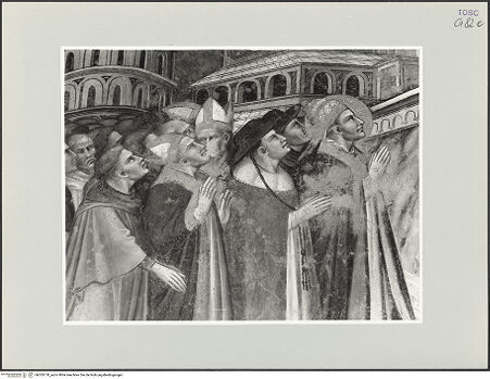 Vorderseite von Foto Marburg [https://www.deutsche-digitale-bibliothek.de/content/lizenzen/rv-ez/] Szenen aus dem Leben des heiligen Ägidius und aus der Legende des Erzengels Michael; Propheten und HeiligenMichaelsszenenErscheinung des heiligen Michael auf der Engelsburg - Detail: linke Gruppe, bh535178_recto. Foto: Gloc, Jan.