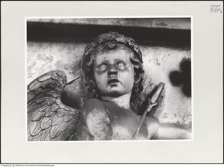 Vorderseite von Bibliotheca Hertziana [https://www.deutsche-digitale-bibliothek.de/content/lizenzen/rv-fz/] Triumphbogen Alfonsos VPlastische Dekoration mit dem Relief der Krönung von Ferdinand I.Wappenhaltende Genien - Linker Genius, Detail: Kopf, bh535665_recto. Foto: Kruft, Hanno-Walter.