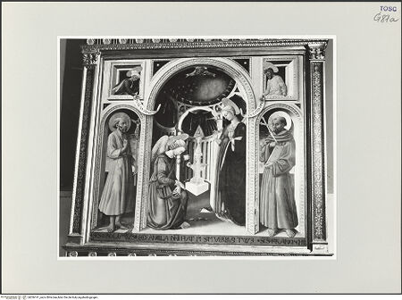 Vorderseite von Foto Marburg [https://www.deutsche-digitale-bibliothek.de/content/lizenzen/rv-ez/] Verkündigung an Maria mit den heiligen Hieronymus und Franziskus und den Propheten Jesajas und David - Gesamtansicht, bh536141_recto. Foto: Haag, Paul.