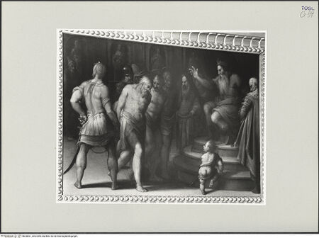 Vorderseite von Foto Marburg [https://www.deutsche-digitale-bibliothek.de/content/lizenzen/rv-ez/] Hochaltar (Altare Vasari)Rückseite - Die heiligen Märtyrer Giusto, Ermenio und Asterio vor dem Richter, bh538001_recto. Foto: Gloc, Jan.