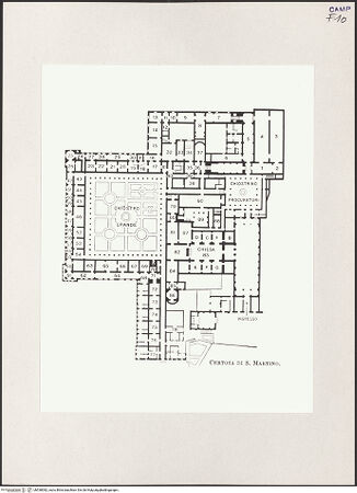 Vorderseite von Bibliotheca Hertziana [https://www.deutsche-digitale-bibliothek.de/content/lizenzen/rv-ez/] Verschiedene Grundrisse der Certosa di San Martino, Neapel - Grundriss der Anlage, bh538082_recto. Foto.