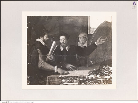 Vorderseite von unbekannt [https://www.deutsche-digitale-bibliothek.de/content/lizenzen/rv-fz/] Benedetto Busini erläutert Federico Zuccari im Beisein einer Frau sein Programm für die Ausmalung der Florentiner Domkuppel - während der Restaurierung (1960?) nach Reinigung und Auskittung der Fehlstellen, bh540413_recto. Foto.