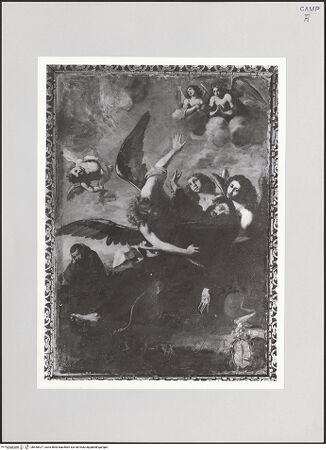 Vorderseite von unbekannt [https://www.deutsche-digitale-bibliothek.de/content/lizenzen/rv-ez/] Der stigmatisierte heilige Franz von Assisi wird von Engeln gestützt - Gesamtansicht, bh540427_recto. Foto.