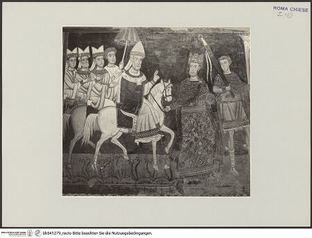 Vorderseite von unbekannt [https://www.deutsche-digitale-bibliothek.de/content/lizenzen/rv-fz/] SilvesterlegendeKonstantins Zügeldienst am Pferd Silvesters - letzte Figur auf der rechten Seite fehlt, bh541279_recto. Foto.