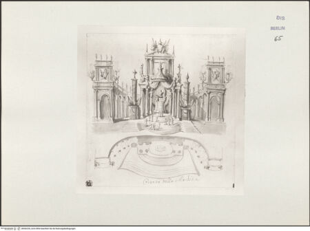 Vorderseite von Kunstbibliothek Berlin [http://creativecommons.org/publicdomain/mark/1.0/] Grundriss und Ansicht einer ephemeren Architektur mit dem französischen Wappen - , bh542226_recto. Foto.