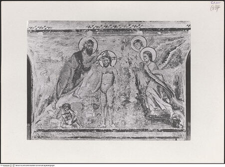 Vorderseite von unbekannt [https://www.deutsche-digitale-bibliothek.de/content/lizenzen/rv-fz/] Szenen aus dem Neuen Testament und ProphetenNordwand: Szenen aus dem Leben Christi und ProphetenOberes Register: Szenen aus der Kindheit Jesu bis zu den VersuchungenTaufe Christi - Gesamtansicht, bh543193_recto. Foto.