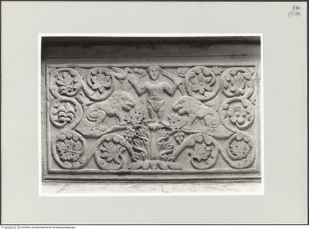 Vorderseite von Ravenna, Marco [https://www.deutsche-digitale-bibliothek.de/content/lizenzen/rv-ez/] Platte einer Chorschranke mit Reben, Chrismon, Pfauen und Daniel in der Löwengrube - Rückseite mit Reben und Daniel in der Löwengrube, bh553684_recto. Foto: Ravenna, Marco.