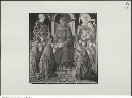 Vorderseite von Staatliche Museen zu Berlin - Preußischer Kulturbesitz [https://www.deutsche-digitale-bibliothek.de/content/lizenzen/rv-ez/] Der thronende heilige Franziskus, flankiert vom heiligen Ludwig von Toulouse und vom heiligen Stephanus, überreicht der heiligen Klara und ihren Nonnen die Ordensregel des Dritten Ordens der Armen Klarissen - , bh554776_recto. Foto: Anders, Jörg P..