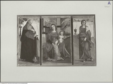 Vorderseite von Staatliche Museen zu Berlin - Preußischer Kulturbesitz [https://www.deutsche-digitale-bibliothek.de/content/lizenzen/rv-ez/] Mittelbild: Maria mit dem Kind; linker Flügel: Der heilige Antonius Eremita; rechter Flügel: Die heilige Maria Magdalena - , bh554788_recto. Foto: Anders, Jörg P..