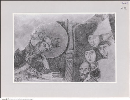 Vorderseite von unbekannt [https://www.deutsche-digitale-bibliothek.de/content/lizenzen/rv-ez/] Szenen aus den Geburtsgeschichten Johannes' des Täufers und Jesu sowie Fragmente weiterer FreskenLinke Seitenapsis: Verkündigung an Zacharias und Stummheit des Hohepriesters - Die Namensgebung Johannes des Täufers: Zacharias schreibt den Namen auf, Detail, bh556286_recto. Foto.