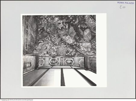 Vorderseite von Sopr. Archeologica di Roma, Museo Nazionale Romano [https://rightsstatements.org/page/CNE/1.0/] Freskierte LoggiendekorationTrompe l'oeil-Dekoration mit illusionistischen Weinlauben, Putten und Tieren - , bh557935_recto. Foto.