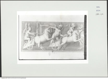 Vorderseite von Courtauld Institute, Conway Library [https://www.deutsche-digitale-bibliothek.de/content/lizenzen/rv-ez/] Von Putten gelenkte Bigen (linker Teil eines Sarkophagreliefs, Villa Borghese, Rom) - , bh560599_recto. Foto.