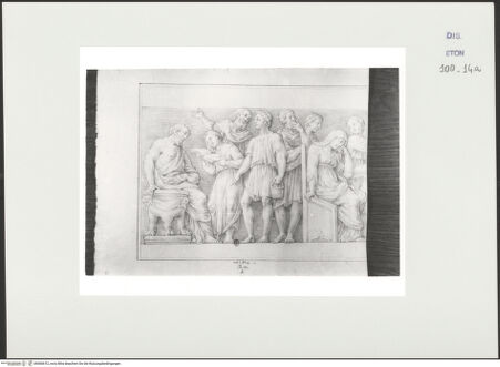 Vorderseite von Courtauld Institute, Conway Library [https://www.deutsche-digitale-bibliothek.de/content/lizenzen/rv-ez/] Linker Teil eines Reliefs mit sitzenden und stehenden Figuren (Villa Borghese, Rom) - , bh560612_recto. Foto.