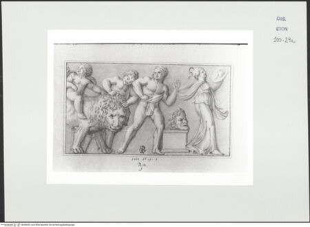 Vorderseite von Courtauld Institute, Conway Library [https://www.deutsche-digitale-bibliothek.de/content/lizenzen/rv-ez/] Putto, auf einem Löwen reitend, Satyrn, Mänade und Maske (Relief, Villa Borghese, Rom) - , bh560630_recto. Foto.