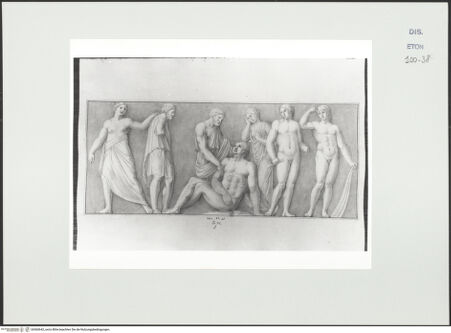 Vorderseite von Courtauld Institute, Conway Library [https://www.deutsche-digitale-bibliothek.de/content/lizenzen/rv-ez/] Verwundeter Boxer, umgeben von zwei weiblichen und vier männlichen stehenden Figuren (Relief, Villa Borghese, Rom) - , bh560642_recto. Foto.