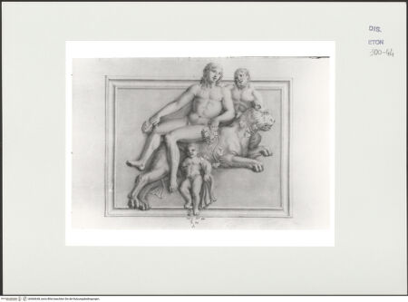 Vorderseite von Courtauld Institute, Conway Library [https://www.deutsche-digitale-bibliothek.de/content/lizenzen/rv-ez/] Bacchus auf einem Löwen, Satyr und Putto (Sarkophagrelief, Villa Borghese, Rom) - , bh560648_recto. Foto.