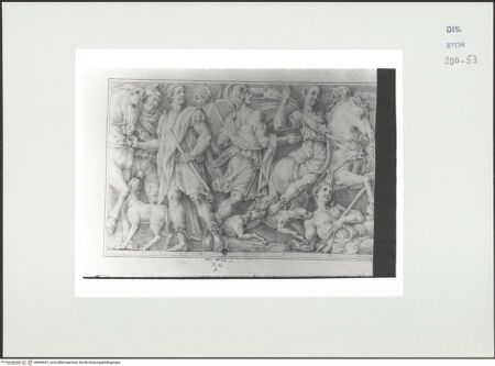 Vorderseite von Courtauld Institute, Conway Library [https://www.deutsche-digitale-bibliothek.de/content/lizenzen/rv-ez/] Löwenjagd Alexanders (?) (linker Teil eines Sarkophagreliefs, Villa Borghese, Rom) - , bh560657_recto. Foto.