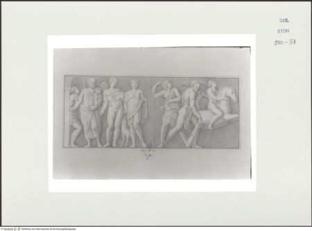 Vorderseite von Courtauld Institute, Conway Library [https://www.deutsche-digitale-bibliothek.de/content/lizenzen/rv-ez/] Aufbruch zur Calydonischen Jagd. Der Kampf zwischen Herkules und den Amazonen (zwei Sarkophagfragmente, Villa Borghese, Rom) - , bh560662_recto. Foto.