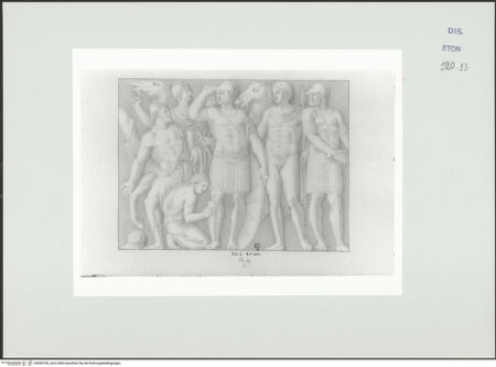 Vorderseite von Courtauld Institute, Conway Library [https://www.deutsche-digitale-bibliothek.de/content/lizenzen/rv-ez/] Die Bewaffnung des Achilles (Sarkophagrelief, Villa Borghese, Rom) - , bh560706_recto. Foto.