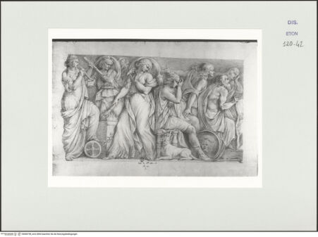 Vorderseite von Courtauld Institute, Conway Library [https://www.deutsche-digitale-bibliothek.de/content/lizenzen/rv-ez/] Der Tod Meleagers (linker Teil eines Sarkophagreliefs, Villa Borghese, Rom) - , bh560738_recto. Foto.