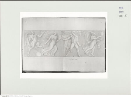 Vorderseite von Courtauld Institute, Conway Library [https://www.deutsche-digitale-bibliothek.de/content/lizenzen/rv-ez/] Pan, Satyr und zwei Mänaden (Relief am Sockel der Geniusstatue, Villa Borghese, Rom) - , bh560776_recto. Foto.