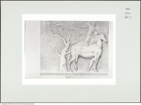 Vorderseite von Courtauld Institute, Conway Library [https://www.deutsche-digitale-bibliothek.de/content/lizenzen/rv-ez/] Soldat mit Pferd und geflügelte Herme neben einem Baum (Relief, Palazzo Verospi, Rom) - , bh560979_recto. Foto.