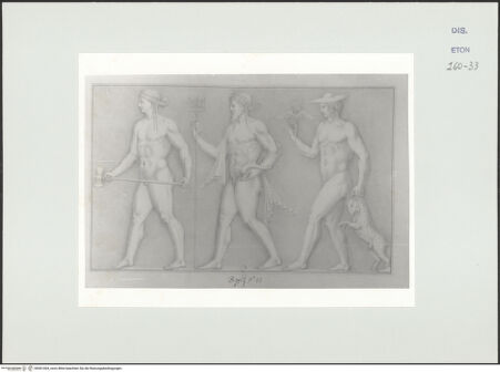 Vorderseite von Courtauld Institute, Conway Library [https://www.deutsche-digitale-bibliothek.de/content/lizenzen/rv-ez/] Serie von Zeichnungen nach einem Puteal mit archaistischem Zwölfgötterzug (Villa Albani, Rom)Vulcan, Neptun und Merkur - , bh561004_recto. Foto.