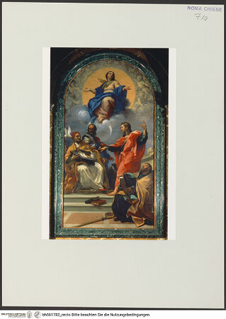 Vorderseite von Sopr. BAS ROMA [https://www.deutsche-digitale-bibliothek.de/content/lizenzen/rv-ez/] Immaculata umgeben von den heiligen Johannes dem Evangelisten, Gregor, Johannes Chrysostomus und Augustinus - , bh561782_recto. Foto.